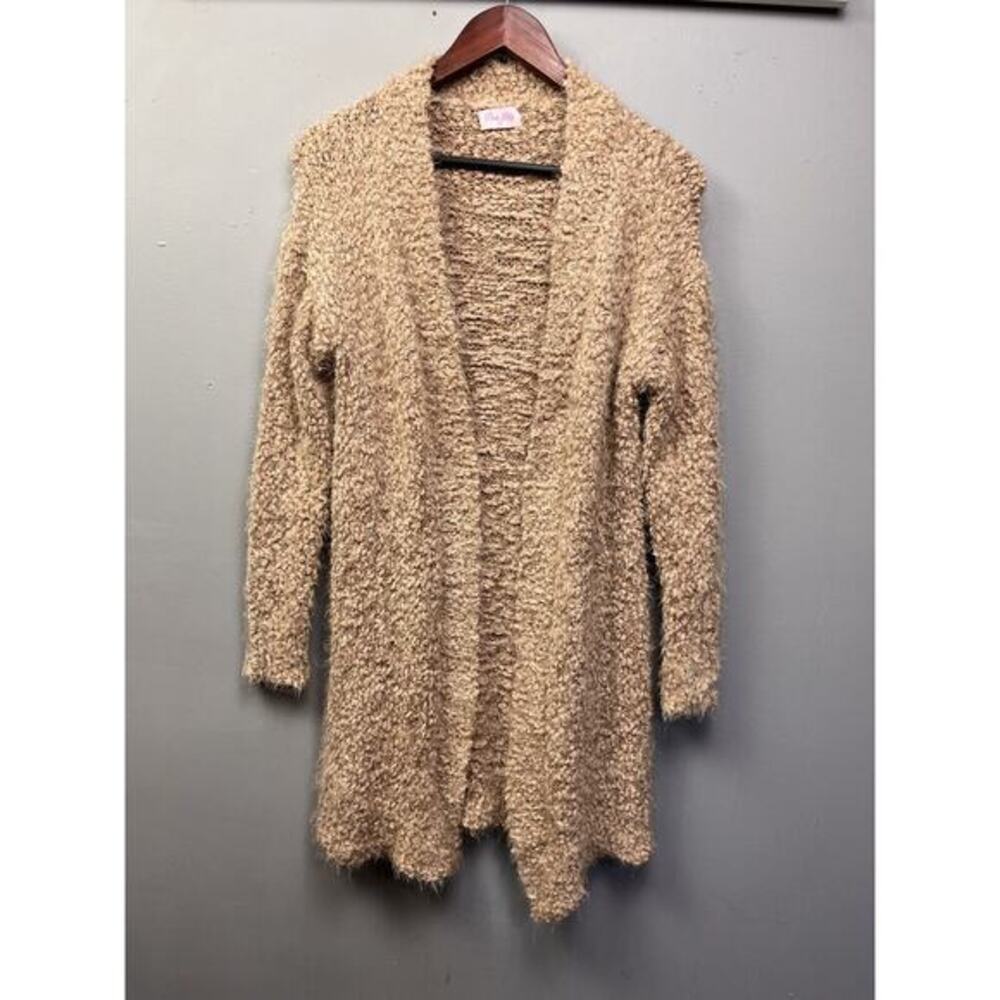 Pink Lily Open Front Knit Cardigan Long Womens XS Tan Fuzzy Neutral‎ Casual